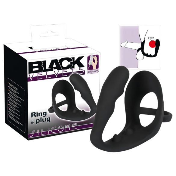 Black Velvet - Dildo anal con anillo para pene y testículos (negro)
