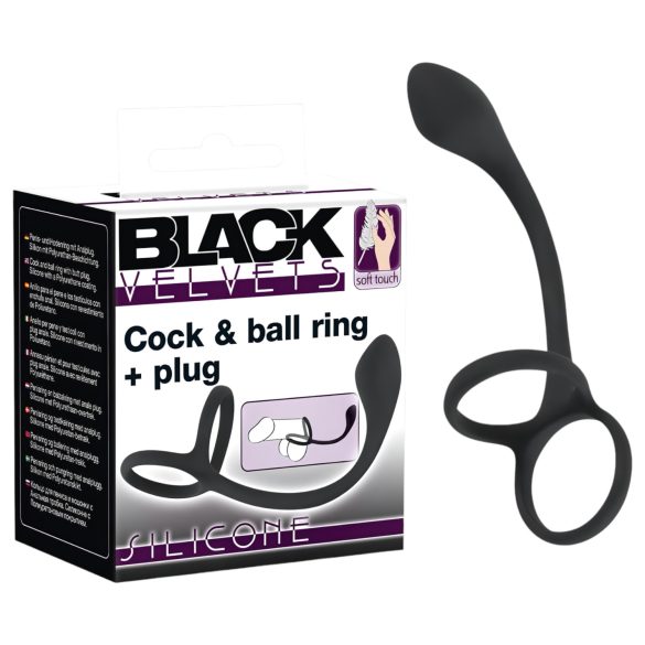 Black Velvet - delgado dildo anal con anillo pene y testículos (negro)