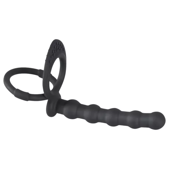 Black Velvets - anillo para pene y testículos con plug anal - silicona negra