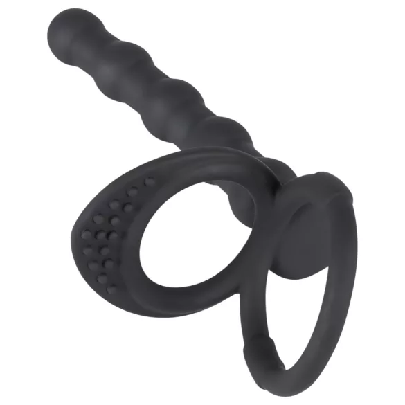 Black Velvets - anillo para pene y testículos con plug anal - silicona negra
