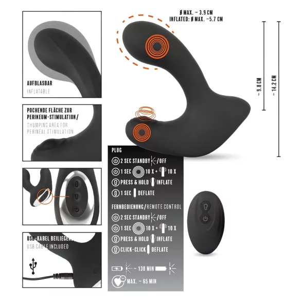 Rebel RC - plug anal inflable con vibración recargable - silicona negra