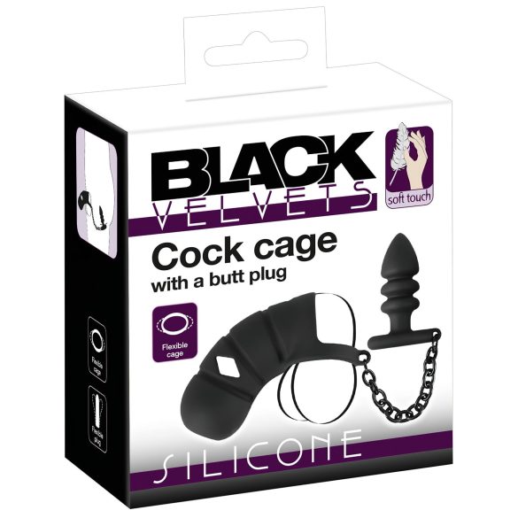 Black Velvet - Jaula de pene de silicona con plug anal (negro)