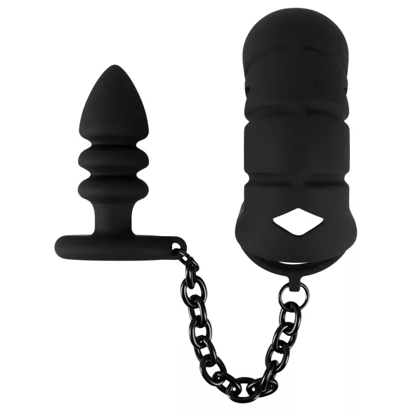 Black Velvets - jaula para pene de silicona con plug anal (negro)