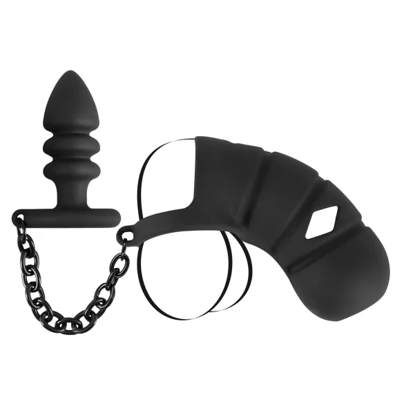 Black Velvets - jaula para pene de silicona con plug anal (negro)