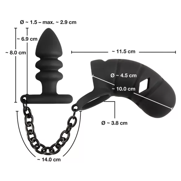 Black Velvets - jaula para pene de silicona con plug anal (negro)
