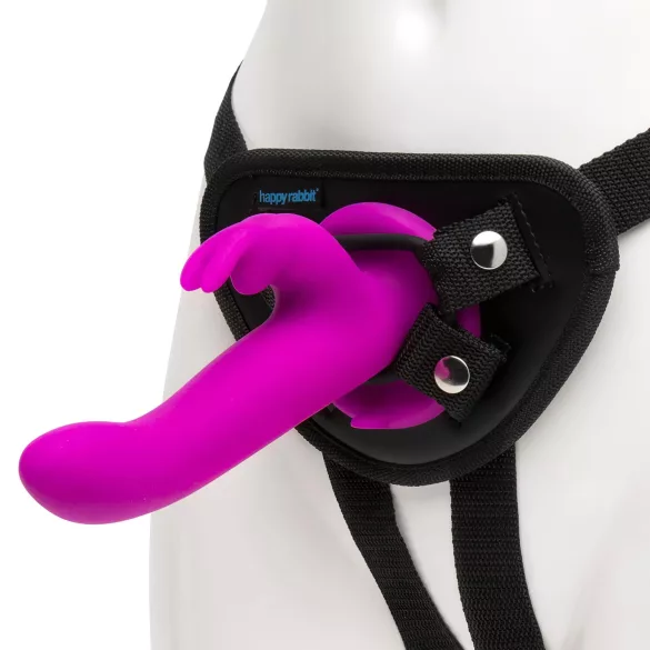 Happyrabbit Strap-On - arnés con vibrador tipo conejo y brazo para el clítoris (lila)