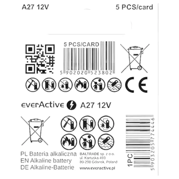 Pila de 12V (27A, MN27) para mando a distancia (1 ud)