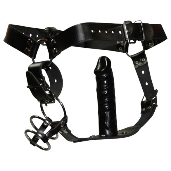 ZADO - tanga de cuero con consolador y 3 anillos para pene