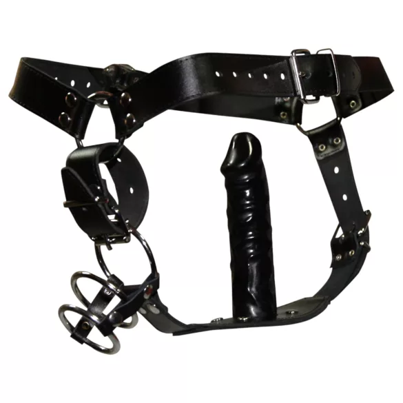 ZADO - tanga de cuero con consolador y 3 anillos para pene