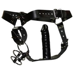   ZADO - tanga de cuero con consolador y 3 anillos para pene - L/XL