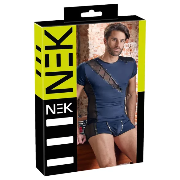 NEK - camiseta masculina sexy con encaje y cordones - negro/azul - M