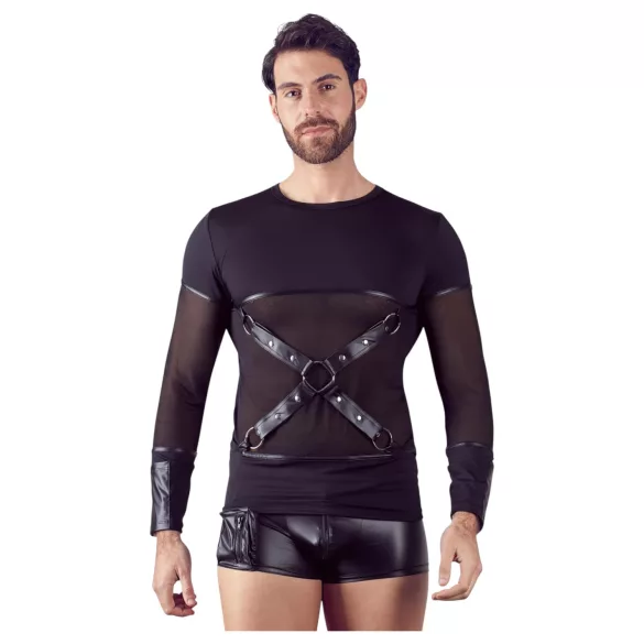 NEK - camiseta negra de manga larga con tirantes cruzados para hombre