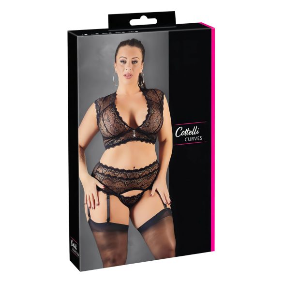 Cottelli Plus Size - Conjunto negro de encaje y strass