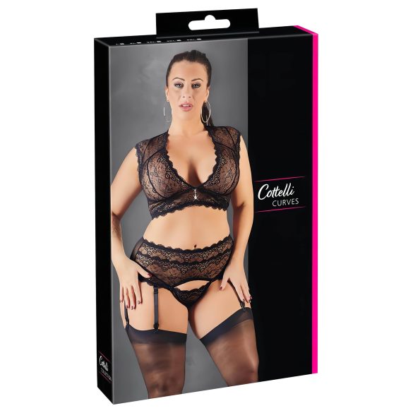 Cottelli Plus Size - Conjunto negro de encaje y strass - 3XL