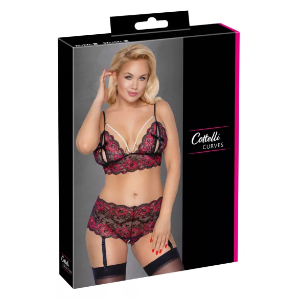 Cottelli Curves - conjunto de sujetador abierto floral (negro) - 3XL/4XL