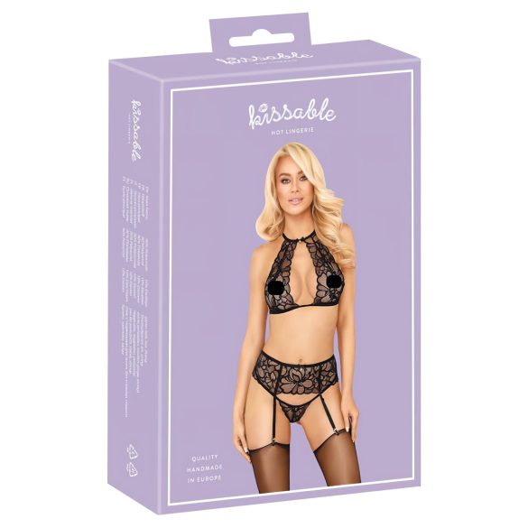 Beso tentador: Set de sujetador de encaje halter (negro) - L/XL