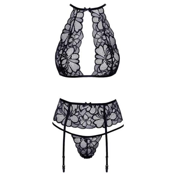 Beso tentador: Set de sujetador de encaje halter (negro) - L/XL
