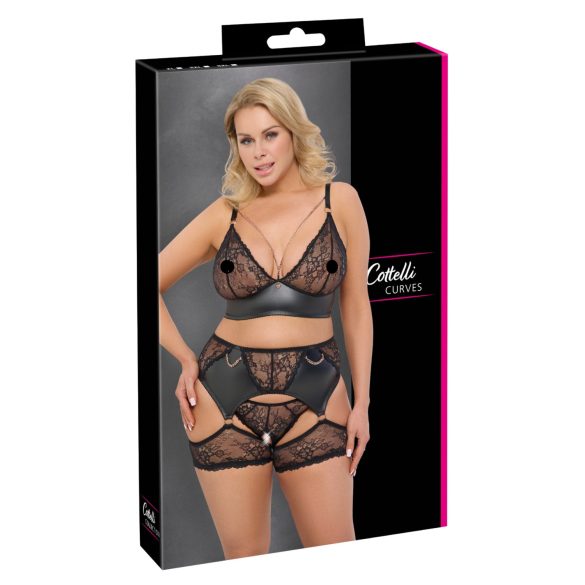 Cottelli Curves - conjunto de sujetador con encaje y detalles de piel - negro - 2XL
