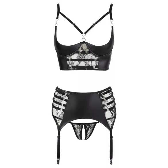 Abierta Fina - conjunto lencería encaje con tirantes brillantes - negro - 85C/L