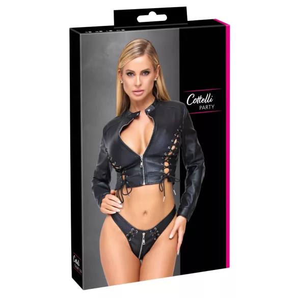Cottelli - conjunto de chaqueta corta de cuero sintético y tanga (negro) - M