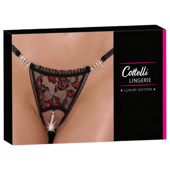 Cottelli - tanga de lujo con perlas y rosas (negro)