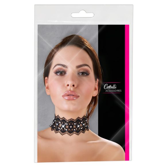 Cottelli - Collar de encaje con perlas y strass (negro)
