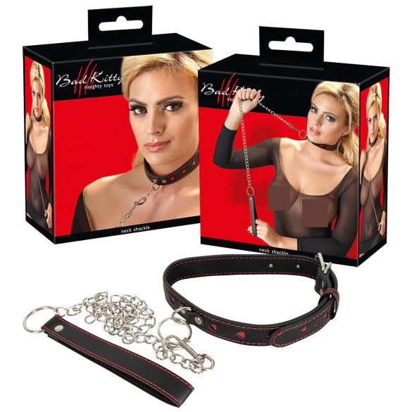 Bad Kitty - Collar con corazón y correa de metal (negro)