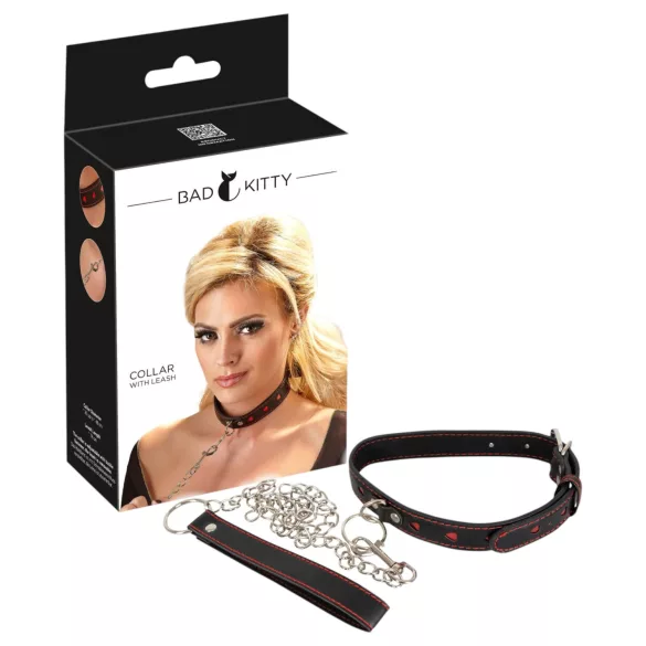 Bad Kitty - collar con corazón y correa de metal - negro