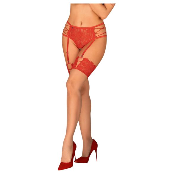 Obsessive - Medias de encaje rojas y naturales - L/XL