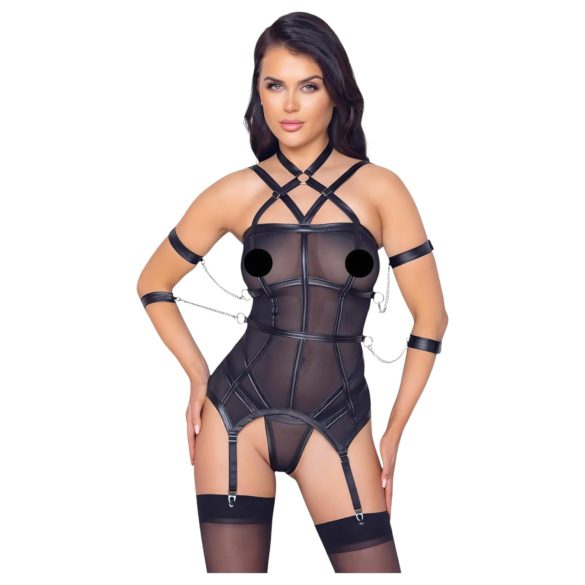 Cottelli Bondage - Top con correas, esposas y tanga (negro)