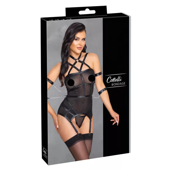 Cottelli Bondage - top con correas, esposas y tanga (negro)