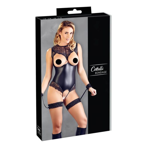Cottelli Bondage - body brillante abierto y esposas (negro)