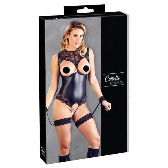 Cottelli Bondage - body brillante abierto y esposas (negro) - L