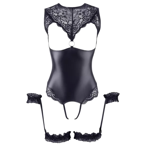 Cottelli Bondage - body abierto brillante y esposas de muñeca - negro - XL