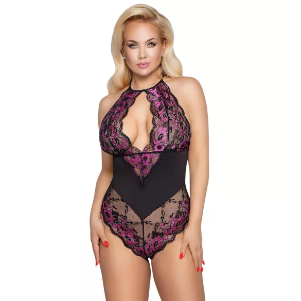 Cottelli Plus Size - body de encaje floral - negro lila - 3XL
