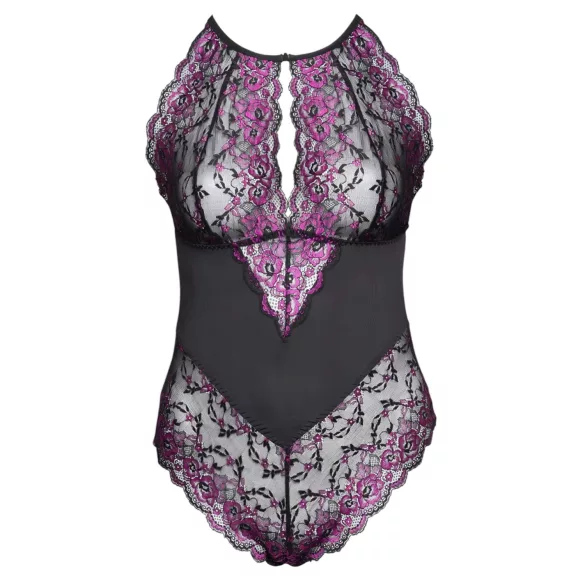 Cottelli Plus Size - body de encaje floral - negro lila - 4XL