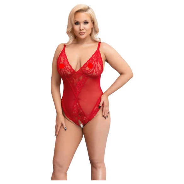 Cottelli Curves - body de encaje transparente (rojo) - 2XL