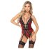 Abierta Fina: Body abierto con liguero (negro-rojo)