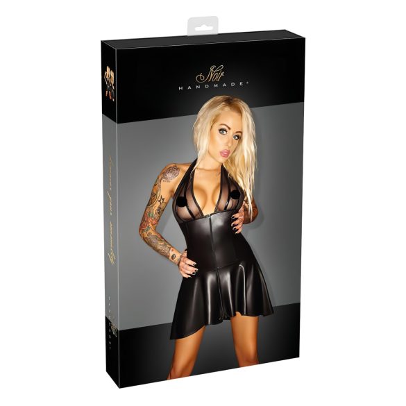 Noir - Vestido con falda plisada y transparencias en el escote, con cuello halter (negro) - L