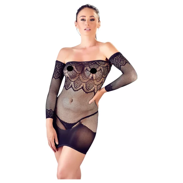 Vestido de red con detalles y tanga negro (S-L)