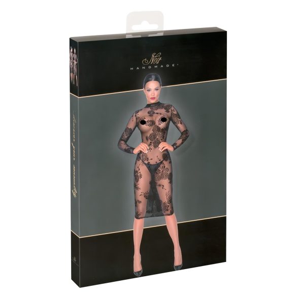 Noir - Vestido negro transparente con flores, manga larga