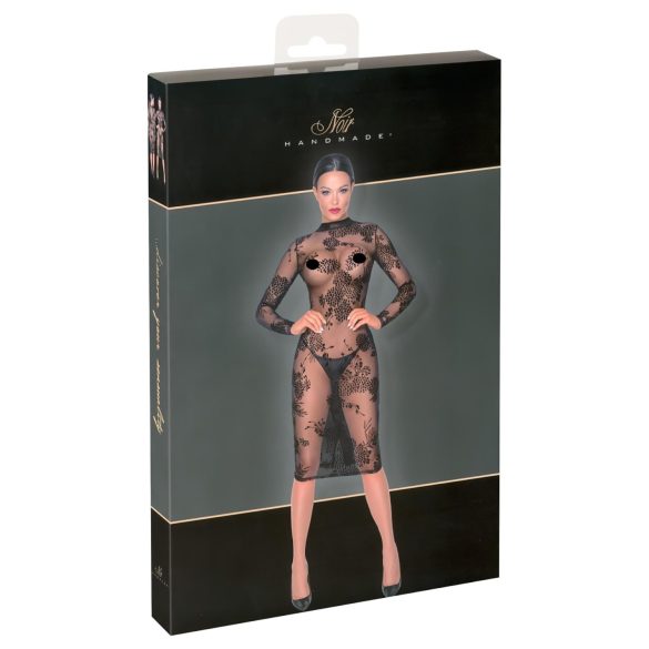 Noir - Vestido negro transparente con flores, manga larga - M