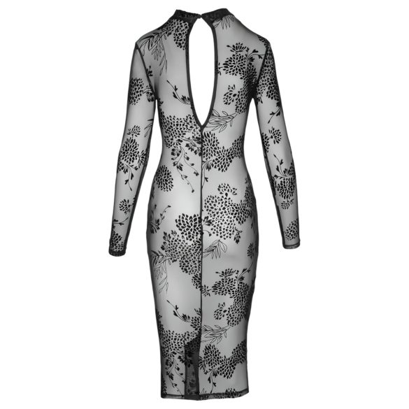 Noir - Vestido negro transparente con flores, manga larga - M