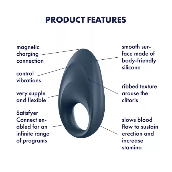 Satisfyer Mighty One - anillo vibrador para pene - control app - silicona azul