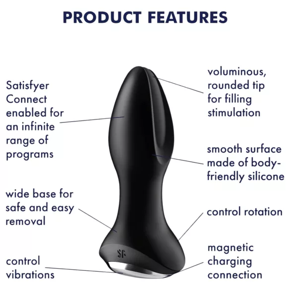 Satisfyer - plug anal vibrador rotatorio con perlas - silicona negra