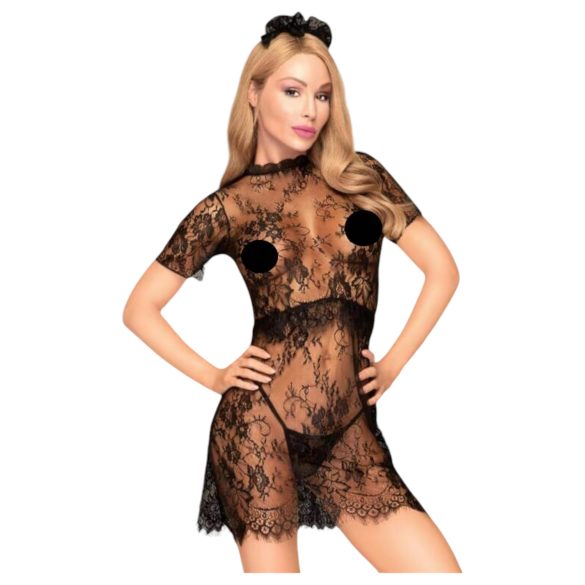 Conjunto Penthouse Poison Cookie - vestido de encaje, tanga y adorno para el cabello (negro)