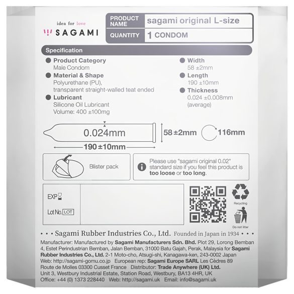 Sagami Original 0,02 L - preservativo ultrafino - 58mm - 1 unidad