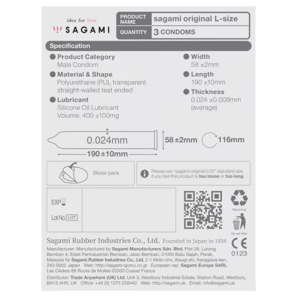 Sagami Original 0,02 L - preservativo ultrafino - 58 mm - 3 unidades
