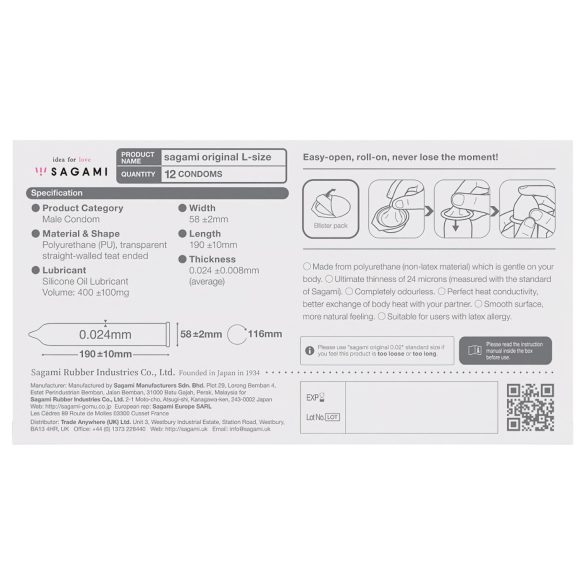 Sagami Original 0,02 L - preservativo ultrafino - 58mm - caja 12 unidades