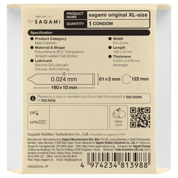 Sagami Original 0,02 XL - preservativo - extragrande 61mm - 1 unidad